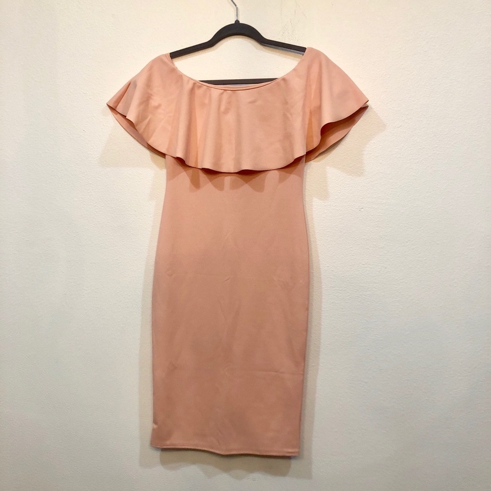 Nasty Gal Peachy nude ruffle strapless dress.